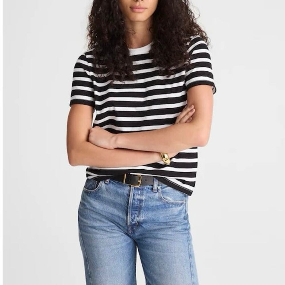 NWT Madewell Perfect Crewneck Tee In Allday Jersey Black White Stripe Size Large